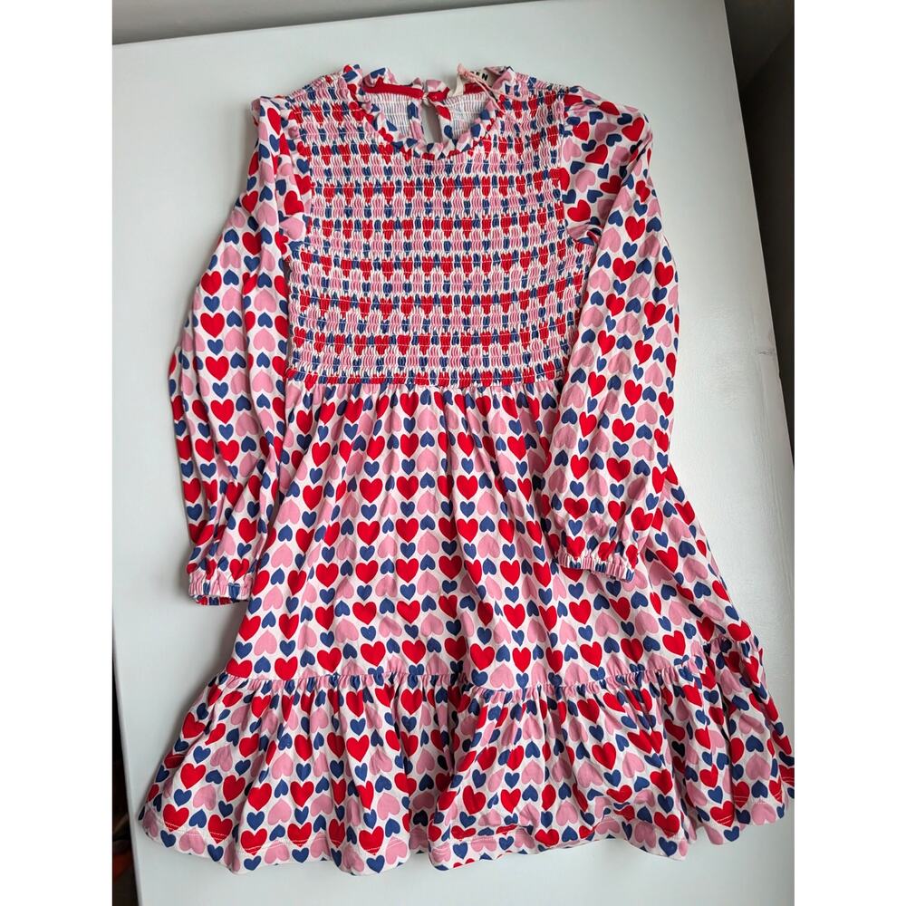 Mini Boden Girls Red Aurora Heart Print Smocked Long Sleeve Dress Sz 7-8